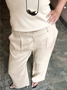 Wide-Leg Canvas Beige Linen-Blend Summer Pants Trousers